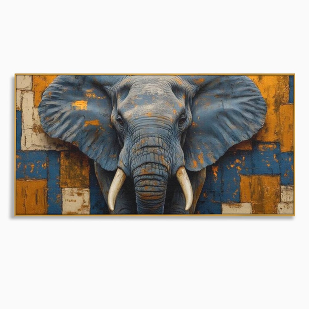 Tablou canvas cu tablou canvas cu cap de elefant, in rama de aluminiu auriu